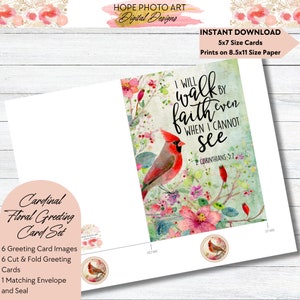 May include: Printable 5x7 greeting card featuring a watercolor illustration of a cardinal perched on a branch with pink flowers. The card includes the text "I will walk by faith even when I cannot see" and a scripture reference from 2 Corinthians 5:7.
