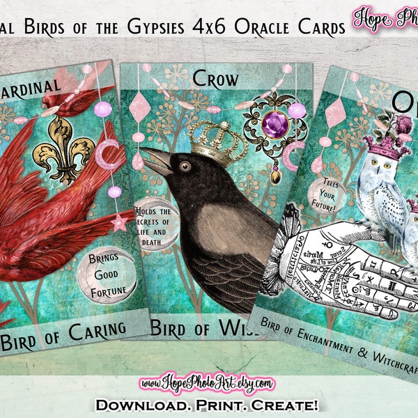 Magical Bird Cards, Gypsy Oracle, Junk Journal, Journal Cards, Tarot, Fortune Telling, Crow, Cardinal, Owl, Witch Decor, Scrapbooking