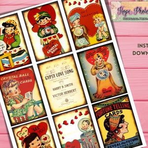 Gypsy Fortune Teller Valentine Tags, Tarjetas, Vintage Ephemera, Valloween, diario basura, scrapbooking, Decoración de brujas, Decoración de San Valentín