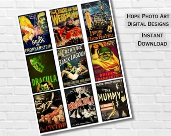 Vintage Halloween Tags, Classic Horror Movie Monsters, Junk Journal, Scrapbooking, Dracula, Frankenstein, Bride of Frankenstein, Ephemera