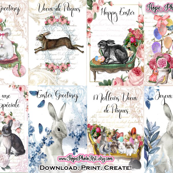 Vintage French Bunny Easter Cards, Junk Journal, Ephemera, Shabby Chic, Cottage Roses, Easter Eggs, Rabbit, Easter Basket Tags, Decor