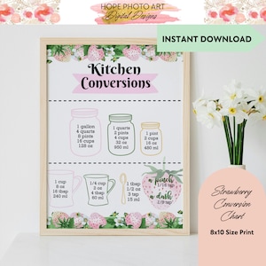 Tableau de conversion cuisine fraise rose, décoration de cuisine, art mural, pâtisserie, aide-mémoire pour la recette, enseigne aux fraises, ferme, pâtisserie, chef