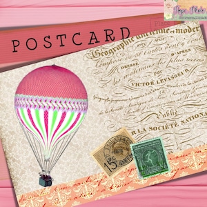 Cartão postal vintage imprimível, balão de ar quente francês, diário de lixo, transferência para ferro, álbum de recortes, chique gasto, estacionário, selos falsos
