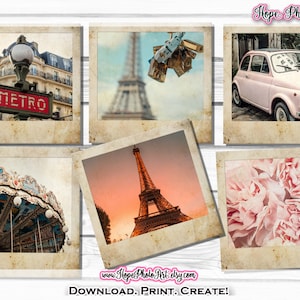 Fotos descoloridas, Polaroid, Romance de París, Día de San Valentín, Boda, Torre Eiffel, Carrusel, Rosas rosadas, Álbum de recortes, Diario basura, Shabby Chic