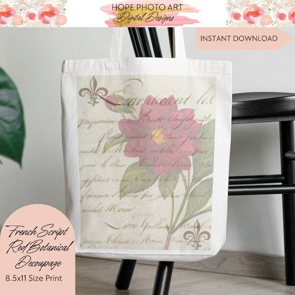 French Letter Red Floral Decoupage Clipart, Wildflowers, Rice Paper, Ephemera, Image Transfer, Vintage Paper, Shabby Chic, Cottage