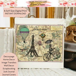 Karte von Paris Frankreich, Decoupage, Eiffelturm, Reispapier Designs, Französisch Ephemera, Scrapbooking, Junk Journal, Heißluftballon