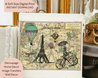 Utskrivbar karta över Paris, franska efemeramotiv, decoupage, scrapbooking (digital nedladdning)