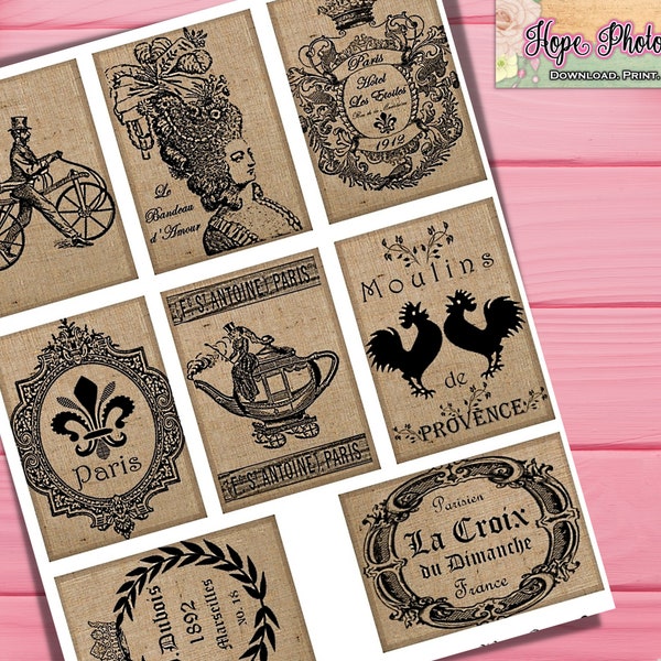 Afdrukbare Franse Jute Tags, Parijs, Marie Antoinette, junk journal, scrapbooking, hanen, theepot, Fleur Di Lis, vintage, journal cards
