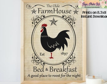 Printable Farmhouse Bed and Breakfast, Rooster Sign, Vintage, Kitchen Decor, Image Transfer, scrapbooking, Modern, Chicken Sign, Red Rooster