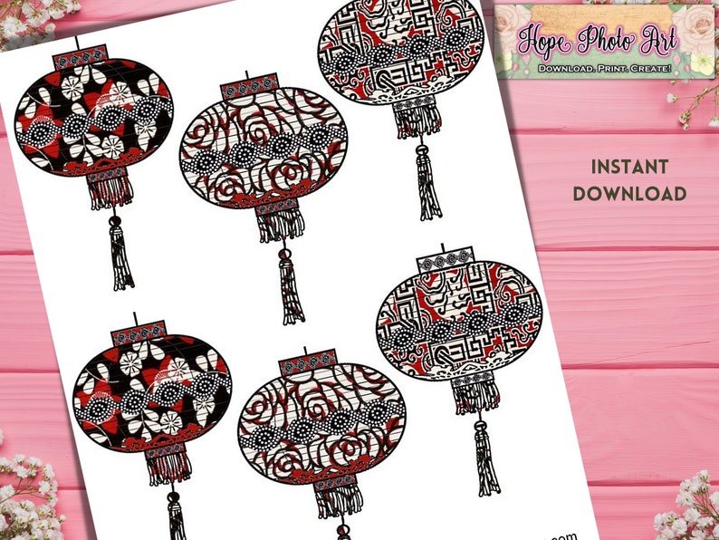 Printable Chinese New Year Lanterns, Party Banner, 3x4.5, bunting, pennant flag, garland, scrapbooking, Year of the Tiger, Party Decor, DIY image 1