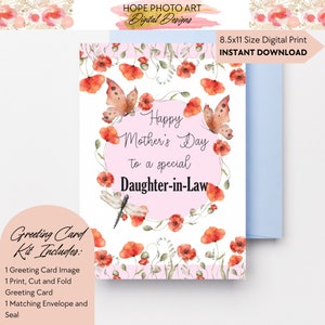Happy Mothers Day Card voor schoondochter, klaproos bloemen, aquarel wilde bloemen, cadeau voor schoondochter, eerste Moederdag, afdrukbaar