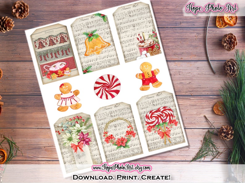 Printable Christmas Cards, Vintage Candy Cane, Gingerbread Cookies, Peppermint, Cardinal, Tags, Envelopes, Junk Journal, Fussy Cut Clipart image 8