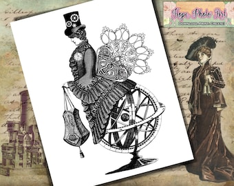 Printable Steampunk Woman Image, Scrapbooking, Junk Journal (Digital Download)
