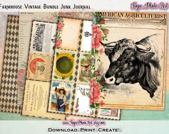 Vintage Bauernhaus Junk Journal, Kuh, Hahn, Floral Ephemera (Digitaler Download)