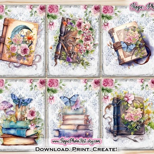 Puede incluir: Seis imágenes digitales imprimibles que presentan libros de estilo vintage con detalles florales y de mariposas. Las imágenes son perfectas para manualidades, scrapbooking o para agregar un toque de fantasía a la decoración de tu hogar.