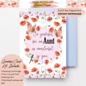 May include: A printable greeting card with a pink background and a floral wreath of red poppies. The text reads "So grateful for an Aunt as wonderful as you."