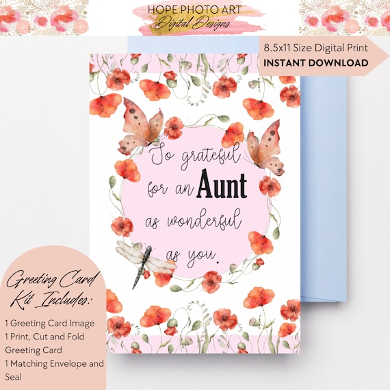 Mothers Day Card for Aunt, Poppy Flower, Happy Mother's Day, Floral Watercolor, August Flower, Wildflower, Best Auntie, Gift Card, Printable