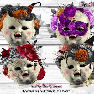 Caras de muñecas embrujadas, Sublimación, PNG, Halloween gótico, Cabezas de muñecas espeluznantes, Muñeca vintage, Muñeca aterradora, Decoración de brujas, Porcelana, Cricuit