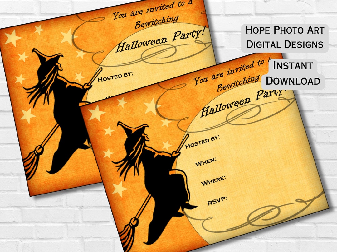 Vintage Flying Witch Halloween Party Invitation, 5.5x4.5 Postcard ...