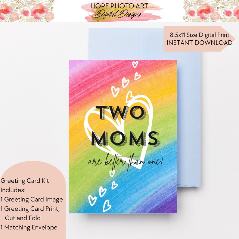 Happy Mother's Day Card, Two Moms, Greeting Card, Pride Card, Rainbow, Lesbian Gift, LGBTQ gift, Gay Moms Baby Shower, Gay Card, Printable image 1