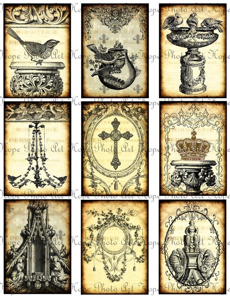 Printable French Ornamental Tags, 2.5x3.5, Digital Collage, pocket cards, junk journal cards, scrapbooking, birds, chandelier, cross, crowns image 3