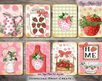 Pink Strawberry Cards, Junk Journal, Ephemera, Tiered Tray, Recipe, Red Strawberries, Vintage, Shabby, Strawberry Patch, Farmhouse, Kitchen