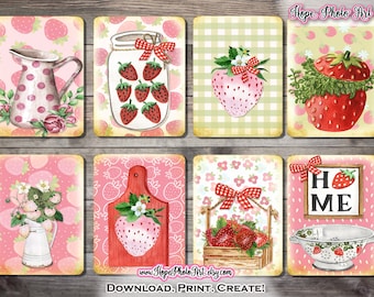 Pink Strawberry Cards, Vintage Ephemera, Junk Journal (Digital Download)