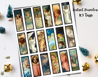 Printable Christmas Tags, Victorian Angels, 1x3, Digital Collage, microscope slide, jewelry, pendants, bezel, resin, scrapbooking, magnet