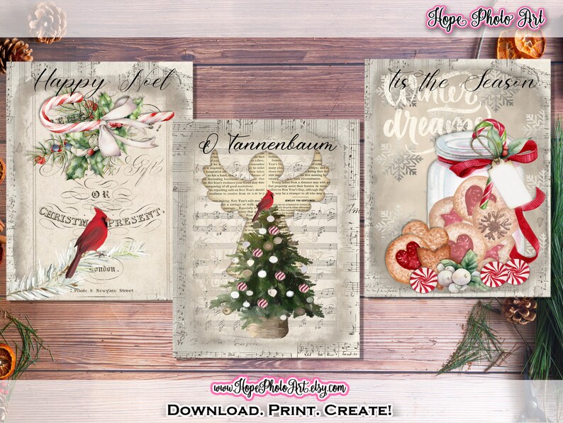 Printable Christmas Cards, Vintage Candy Cane, Gingerbread Cookies, Peppermint, Cardinal, Tags, Envelopes, Junk Journal, Fussy Cut Clipart image 3