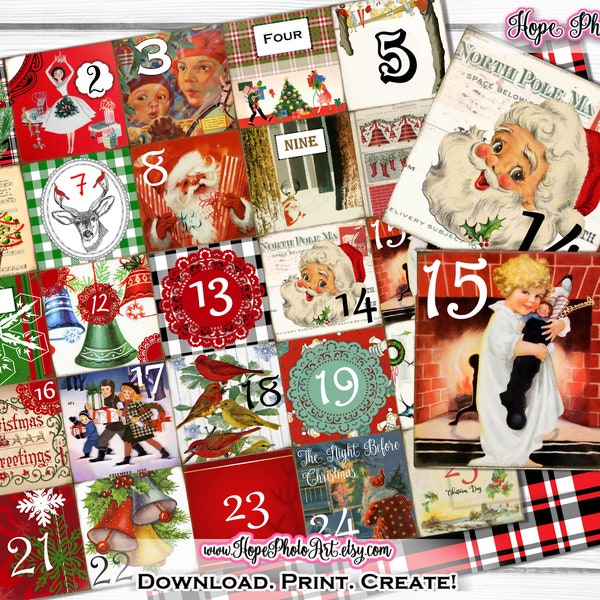 Christmas Advent Tags, 1950s Retro, Calendar, Christmas Countdown, Junk Journal, Scrapbooking, Numbers, Buffalo Plaid, Woodland, Santa