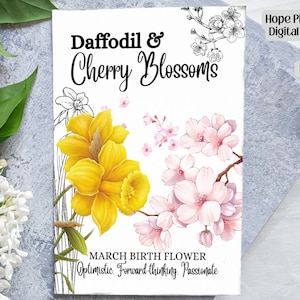 Flor de nascimento de março, kit 5x7, cartão de flor de aniversário, flores silvestres, narciso, flores de cerejeira, etiqueta de presente, envelope, clipart de flores, para impressão