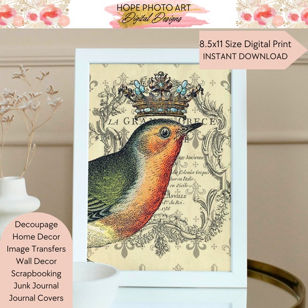 Crowned Bird, Decoupage Print, Spring, Ephemera, Rice Paper Design, Image Transfer, Scrapbooking, Junk journal, Greeting Cards, Home Decor