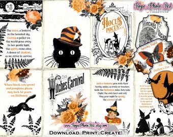 Vintage Victorian Halloween Junk Journal, Orange and Black, Hocus Pocus, Gypsy Witches, Black Cats, Moon, The Raven, Ephemera, Pumpkins