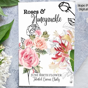 June Birth Flower, 5x7 Card, Birthday Flower Card, Junk Journal, Roses, Honeysuckle, Gift Tag, Envelope, Flower Clipart, Birth Flower Gift