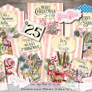 Cartões de Natal, Pink Sugar Plum Cottage, Candy Cane, Gingerbread, Peppermint, Latte, Latte, Chocolate Hot, Tags, Envelopes, Junk Journal Fussy Cut