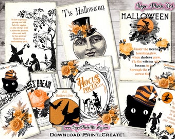 Vintage Halloween Tags and Labels, Victorian, Junk Journal, Scrapbooking, Gothic, Witch, Black Cat, Witch Decor, Ephemera, Orange and Black