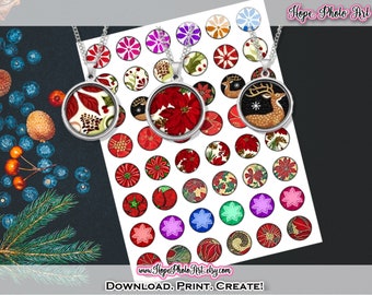 Printable Christmas Circles, 1 Inch, Digital Collage Sheet, jewelry making, pendants, resin, bezel, scrapbooking, reindeer, holly