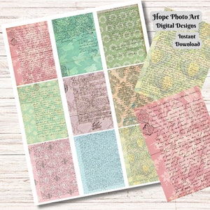Shabby French Script Letters, Damask, Vintage Ephemera, Junk Journal, Tags, Cards, Cottage, Travel, Scrapbooking, Backgrounds, Pastel