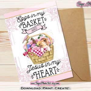 Carte de Pâques, oeufs dans mon panier, Jésus dans mon coeur, journal indésirable, scrapbooking, lapin, éphémères Français, shabby chic, imprimable, A9