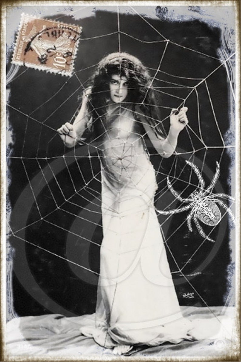 Printable Halloween Card, Vintage, Spiderweb, Woman, Postcard 4x6, junk journal, gypsy, witch decor, greeting cards, scrapbooking, gothic image 3