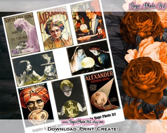 May include: A collage of vintage images featuring fortune tellers and crystal balls. The images are in a variety of styles, including black and white and color. The images are set against a background of orange roses.