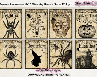 Può includere: Un set di 12 stampe d'arte da parete stampabili da 20,3 x 25,4 cm a tema Halloween con ragni, teschi, zucche e case stregate. Le stampe hanno un'estetica vintage con uno sfondo usurato e illustrazioni in bianco e nero.