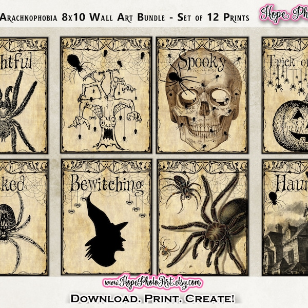 Printable Arachnophobia Halloween 8x10 Digital Prints, Set of 12, Spiders, Witch, Raven, Junk Journal, Wall Art, Scrapbooking, Witch Decor