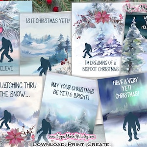Cartes de Noël Bigfoot, yéti, forêt, nuit polaire, carte de Noël rigolote, solstice d'hiver, Noël, Arctique, aurores boréales, neige