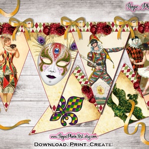 Mardi Gras Party Banner Decor, Vintage Arlequin, Harlequin, Fat Tuesday, bunting, pennant flag, garland, scrapbooking, carnival, Masquerade