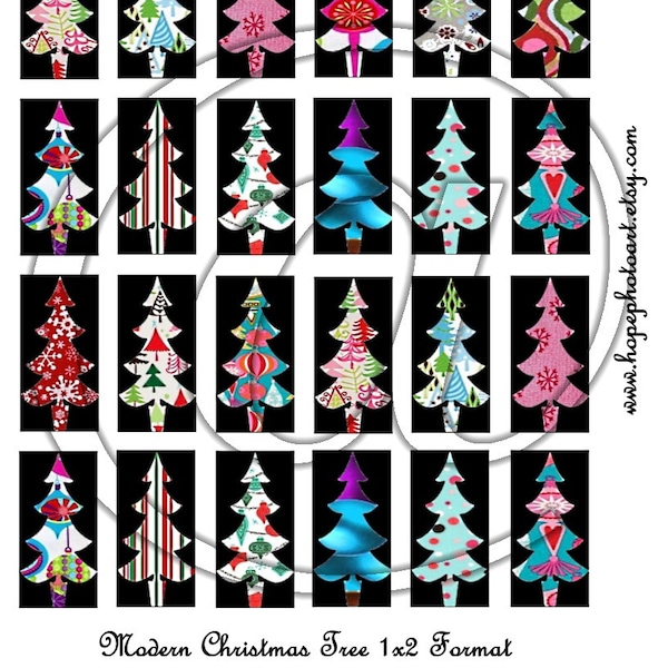 Printable Modern Christmas Trees 1x2 Digital Collage Sheet domino pendants jewelry magnets photo trays backgrounds ornaments snowflakes