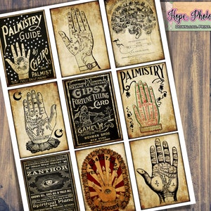 Tarjetas de quiromancia vintage, Adivinación, Etiquetas de Halloween, Gitano, Adivinación, Diario basura, Scrapbooking, Efímera, Gótico, Decoración de brujas