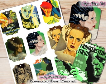 Bride of Frankenstein Halloween Tags, Retro Horror Movie Posters (Digital Download)