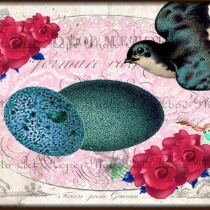 Easter Card, Bluebird, Easter Eggs, Cottage Roses, Postcard 4x6, Digital Collage, tags, scrapbooking, junk journal, shabby chic, pastel image 3