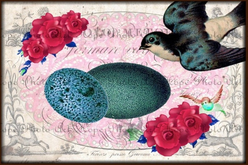 Easter Card, Bluebird, Easter Eggs, Cottage Roses, Postcard 4x6, Digital Collage, tags, scrapbooking, junk journal, shabby chic, pastel image 3